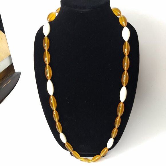 Plastic Necklace Hinge Bracelet Set Orange Beige Vintage Retro Mod Barrel Clasp - Picture 3 of 16